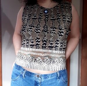 Plissé Black and Gold Patterned Top